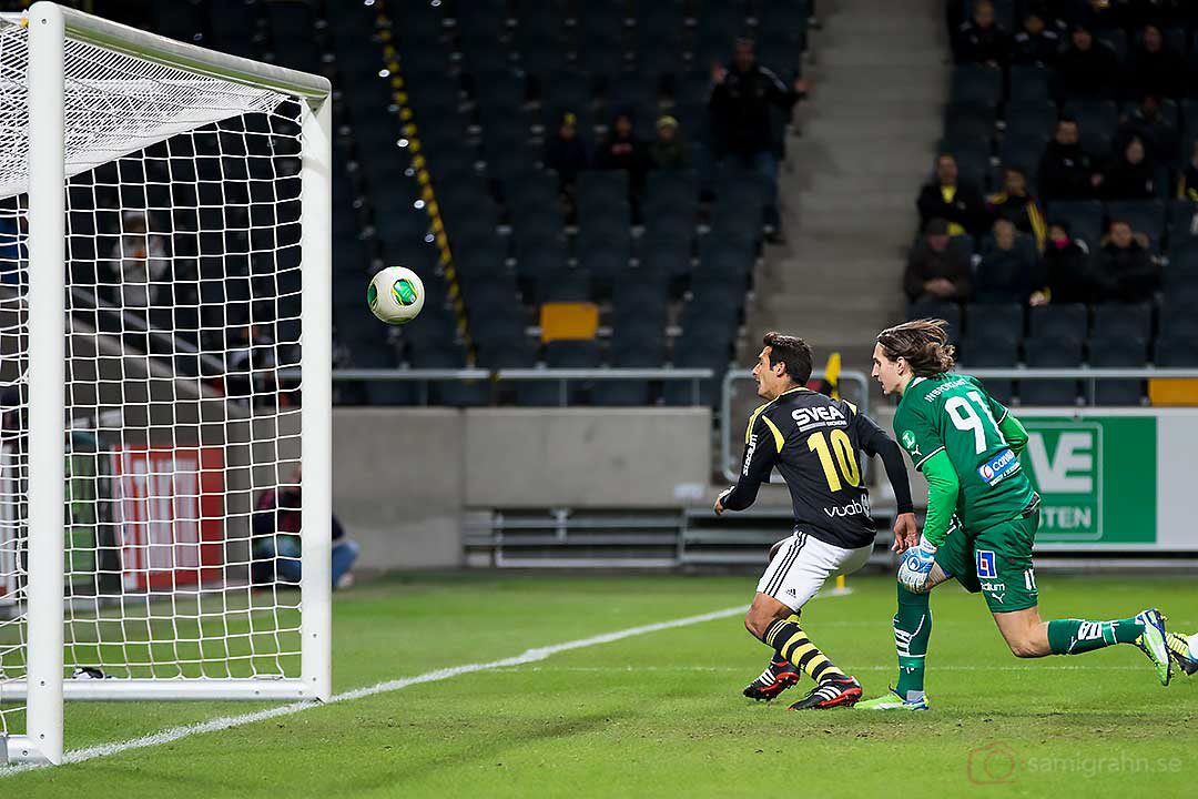 AIK Celso Borges nickar in bollen bakom en chanslös Norrköping-målvakt David Mitov Nilsson